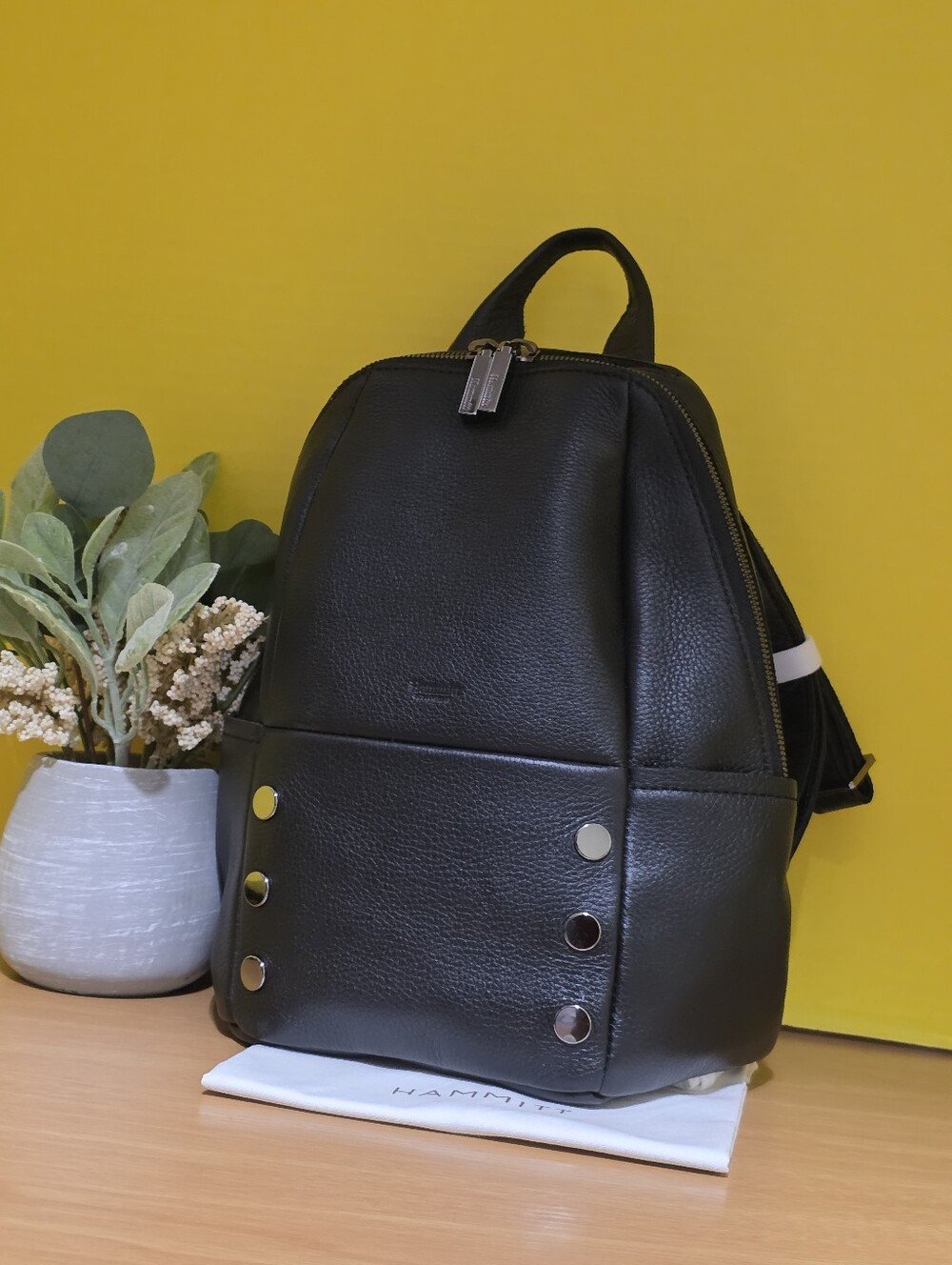 Hammitt Black Leather MD Backpack with Silver Stud Accents